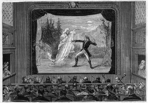 Spettacoli scientifici: spettri viventi. Esperienza degli spettri sul palco del teatro. Un comico combatte un fantasma. Incisione in "La Nature" da Unknown artist