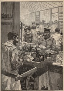 Schiuma di mare: fabbricazione di pipe in schiuma di mare. Incisione del 1885 in "Les arts et metiers illustres" di Adolphe Bitard