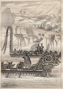 Secondo viaggio (1772-1775) del Capitano James Cook (1728-1779): canoe da guerra neozelandesi - illustrazione tratta da 