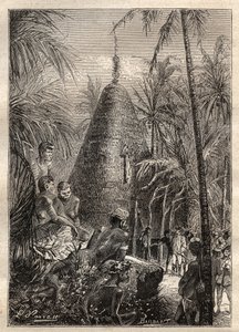 Secondo viaggio (1772-1775) del Capitano James Cook (1728-1779): casa circolare tradizionale, sul tetto di considerevole elevazione (Nuova Caledonia) - illustrazione tratta da “I grandi marinai del XVIII secolo” da Unknown artist