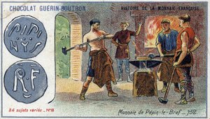 Serie Histoire de la Monnaie Française pubblicata da Chocolat Guérin Boutron. Cromolitografia del XIX secolo. Moneta di Pipino il Breve nel 752 da Unknown artist