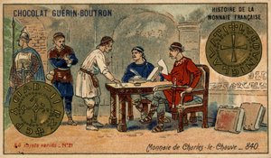 Serie Histoire de la Monnaie Française pubblicata da Chocolat Guérin Boutron. Cromolitografia del XIX secolo. Moneta di Carlo il Calvo nell