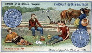 Serie Histoire de la Monnaie Française pubblicata da Chocolat Guérin Boutron. Cromolitografia del XIX secolo. Denaro d