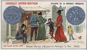 Serie Storia della Moneta Francese pubblicata da Chocolat Guérin Boutron. Cromolitografia del XIX secolo. Denaro d