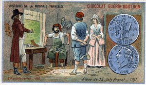 Serie Storia della Moneta Francese pubblicata da Chocolat Guérin Boutron. Cromolitografia XIX secolo. monete di 15 soldi d