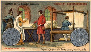 Serie Storia della Moneta Francese pubblicata da Chocolat Guérin Boutron. Cromolitografia XIX secolo. Il Denaro d