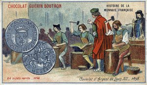 Serie Histoire de la Monnaie Française pubblicata da Chocolat Guérin Boutron. Cromolitografia del XIX secolo. Il Cavalot d