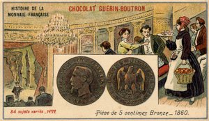 Serie Histoire de la Monnaie Française pubblicata da Chocolat Guérin Boutron. Cromolitografia del XIX secolo. Moneta da 5 centesimi in bronzo del 1860. Napoleone III da Unknown artist