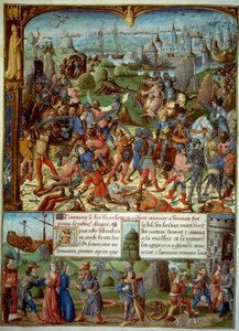 Settima Crociata (1248-1254). In alto, Luigi IX (San Luigi) (1215-1270), Re di Francia, con i crociati dopo essere stati sconfitti dai Saraceni a Mansourah nel 1250. Si ritirarono dietro le torri di Damasco. Luigi IX e i suoi due fratelli sono fatti prigio da Unknown artist