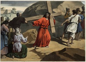 Salita al Calvario: Gesù che porta la croce consola le figlie di Gerusalemme. Incisione anonima della metà del XIX secolo.