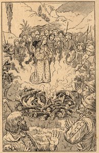 Rimane in mezzo alle fiamme... Santa Rosa da Viterbo (1233-1252). Incisione della fine del XIX secolo. Collezione privata. da Unknown artist