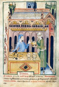 Negozio con pane al burro e due donne, illustrazione dal Tacuinum sanitatis, manoscritto illuminato, riedizione latina di un