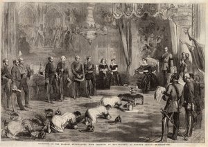 Gli ambasciatori del Siam strisciano verso la Regina Vittoria e il Principe Alberto durante la loro visita al Castello di Windsor. Incisione in 