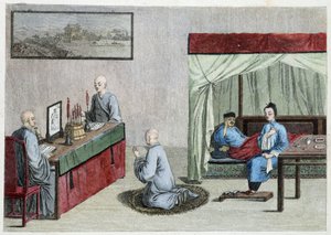 Uomo malato a letto e preghiera dei monaci - Cina da Unknown artist