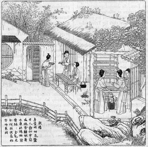 Seta e bachi da seta in Cina: Separazione del baco che vuole filare. Incisione in "La Nature: revue des sciences et de leurs applications aux arts et a l