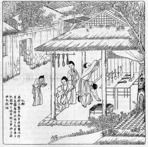 Seta e baco da seta in Cina: grazie alla dea della seta. Incisione in 