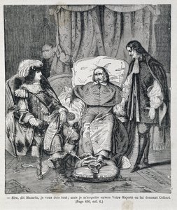 Sire, disse Mazzarino, "Vi devo tutto: ma pago Sua Maestà dandogli Colbert." Il cardinale Giulio Mazzarino (1602-1661) presenta Jean Baptiste Colbert (1619-1683) a Luigi XIV (1638-1715) Illus