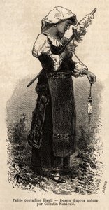 Piccola contadina dei dintorni di Roma, che fila la lana con il suo fuso. Incisione per illustrare il viaggio a Roma, di Francis Wey, nel 1864-1870, pubblicato in "Le tour du monde" 1870-1871, a cura di Edouard Charton, edizione Hachette, Parigi da Unknown artist