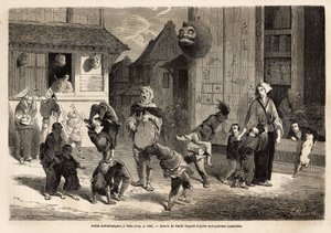 Piccoli saltimbanchi che eseguono numeri acrobatici in musica nelle strade di Yedo (o Edo, capitale imperiale, l