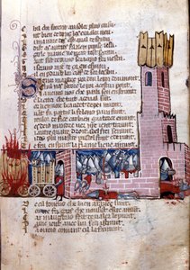 Canzone di gesta: scena di combattimento vicino a una città fortificata (probabilmente la conquista della Spagna da parte dell