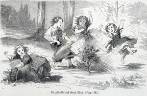 Sophie e i suoi amici piantano il lillà - in "Le disgrazie di Sophie" della Contessa di Ségur, Hachette da Unknown artist