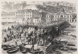 Guerra ispano-americana del Sud tra Cile e Spagna, settembre 1865: le signore di Valparaiso, alla presenza della squadra spagnola che blocca il porto, cantano inni patriottici - Incisione in 