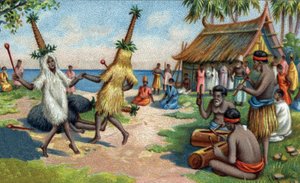 Danzatori delle isole del Pacifico meridionale: indossano abiti fatti di piume di colibrì, cacatoes e uccelli del Paradiso durante le cerimonie religiose. Cromolitografia del XIX secolo da Unknown artist