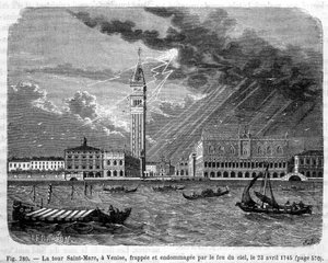 Torre di San Marco a Venezia colpita e danneggiata dal fuoco del cielo il 23 aprile 1745 - in "Le meraviglie della scienza" di Louis Figuier da Unknown artist