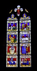 Vetrata che mostra la fabbricazione del tessuto, metà XV secolo - Cappella di San Biagio della Chiesa Collegiata di Nostra Signora di Semur-en-Auxois, Borgogna