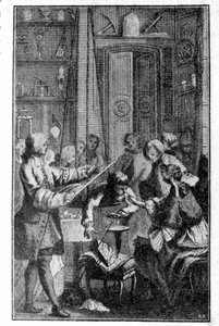 Esperimento di Stephen Gray (1670 - 1736) sulla conducibilità elettrica del corpo umano. Incisione del XIX secolo
