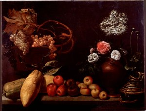 Natura morta con rose, fiori di arbusto, limoni e uva (dipinto) da Unknown artist