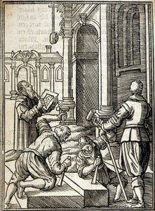 Scalpellini che lavorano alla costruzione di una cattedrale - incisione