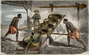 Produzione dello zucchero: caldaie per la cottura del succo di canna in uno zuccherificio delle Antille. Incisione del 1859 in "Le Musee Des Sciences".