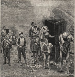 Estrazione dello zolfo (Zolfara) in Sicilia, disegno