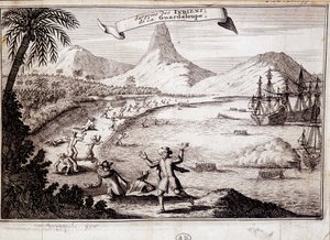 Sorpresa degli indiani allo sbarco di Cristoforo Colombo in Guadalupa (caravelle) - incisione da Unknown artist