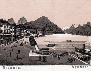 Svizzera: vista della città di Brunnen. in "Il mondo illustrato 168 vedute". Non datato (fine XIX secolo) da Unknown artist