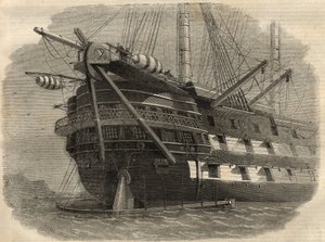 Telegrafia: vista della poppa della nave H.M.S. "Agamemnon" che poserà il primo cavo transatlantico. Incisione in "The Illustrated London News" del 5 giugno