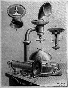 Telefono in Svezia: modello di un telefono della Ericsson Company. Incisione in "La Nature: revue des sciences et de leurs applications aux arts et a l