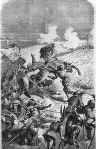 Il veterano di 75 anni John Talot fu richiamato per guidare una spedizione di 3000 uomini, che sbarcarono in Guienna il 17 ottobre 1452. Incisione che rappresenta la morte di Talbot in battaglia. Incisione del XIX secolo