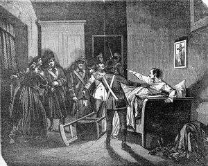La polizia austro-ungarica arresta un carbonaro, membro della società politica segreta. Incisione del XIX secolo.