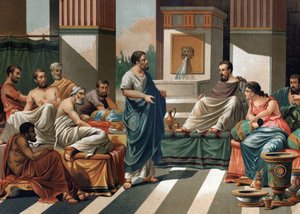 Il banchetto di Periandro (Tiranno o Re di Corinto) per i sette saggi della Grecia. Da sinistra a destra: Bias, Esopo, Anacharis, Cleobule, Solone, Pitagora, Periandro e sua moglie Melisse. Dopo 