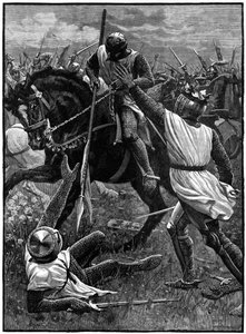 La battaglia di Evesham, 4 agosto 1265. (c1800). Evesham segnò la fine della Seconda Guerra dei Baroni. Le forze realiste guidate dal Principe Edoardo (Edoardo I) sconfissero Simone de Montfort (c1208-1265) che fu ucciso nella battaglia. Qui Enrico III (12 da Unknown artist