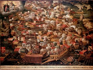 La Battaglia di Lepanto al largo della Grecia oppose le forze spagnole, veneziane e papali agli ottomani nel 1571. Dipinto anonimo. XVI secolo. Venezia, Museo Correr da Unknown artist