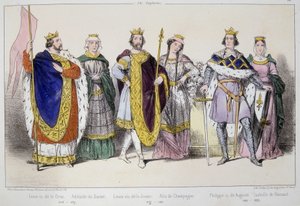 I Capetingi. Da sinistra a destra: Luigi VI detto il Grosso (1081 - 1137), Adelaide o Alix di Savoia (? -1154), Luigi VII detto il giovane (1120 - 1180), Alix di Champagne (1140-1206), Filippo II detto Augusto (1165-1223) e Isabella di Hainaut (1170-1190) da Unknown artist