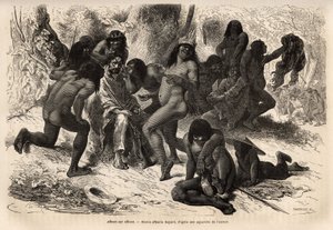 Gli indiani Chunchos assaltano la squadra di Marcoy, nella valle di Caravaya (cordigliera delle Ande), ma questi non avevano nulla da rubare, gli indiani si divertivano a spogliare gli esploratori e a truccarli con semi di rockoo. Incisione per illustrare  da Unknown artist