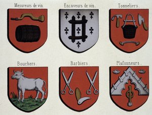 Gli stemmi di Gand (Specimen di stemmi del Medioevo): Misuratori di vino, Cavatori di vino, Bottai, Macellai, Barbieri, Ceilers