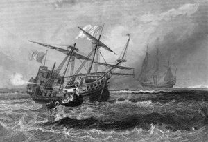 Il Corbin perso sulla barriera corallina nelle Isole Maldive il 1 luglio 1602. In "Storia generale della marina" di Van Tenac da Unknown artist