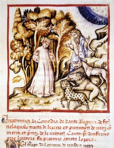 La Divina Commedia di Dante Alighieri. Miniatura che raffigura Dante, Virgilio e le tre fiere. Manoscritto del XIV secolo. Bibl. Comunale di Rimini da Unknown artist