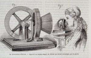 Il fonometro di Edison - dispositivo mediante il quale si ottiene un lavoro meccanico tramite la voce in "Natura" 1878. da Unknown artist