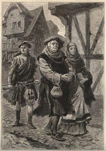 Il Gartier (Il Guantaio) accompagna sua figlia alla chiesa - illustrazione del XIX secolo per il romanzo storico "La Bella Ragazza di Perth o il Giorno di San Valentino (o La Bella Fanciulla di Perth)"